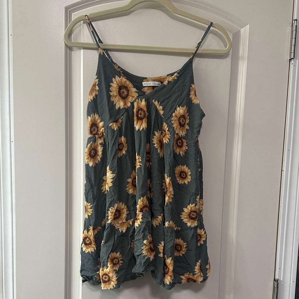 BE COOL Sunflower Print Tank Top - Green and Yellow